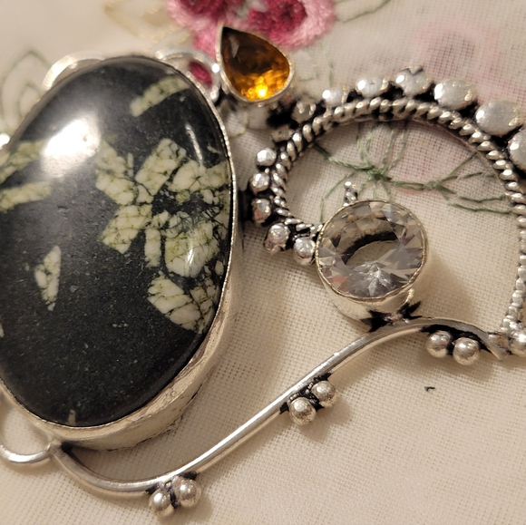 Sale 925 NATURAL STONE NECKLACE w citrine and quarts - Picture 4 of 5